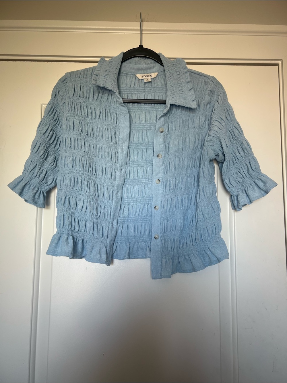 Maeve Pale Blue Textured Button-Front Ruffle Hem Shirt
